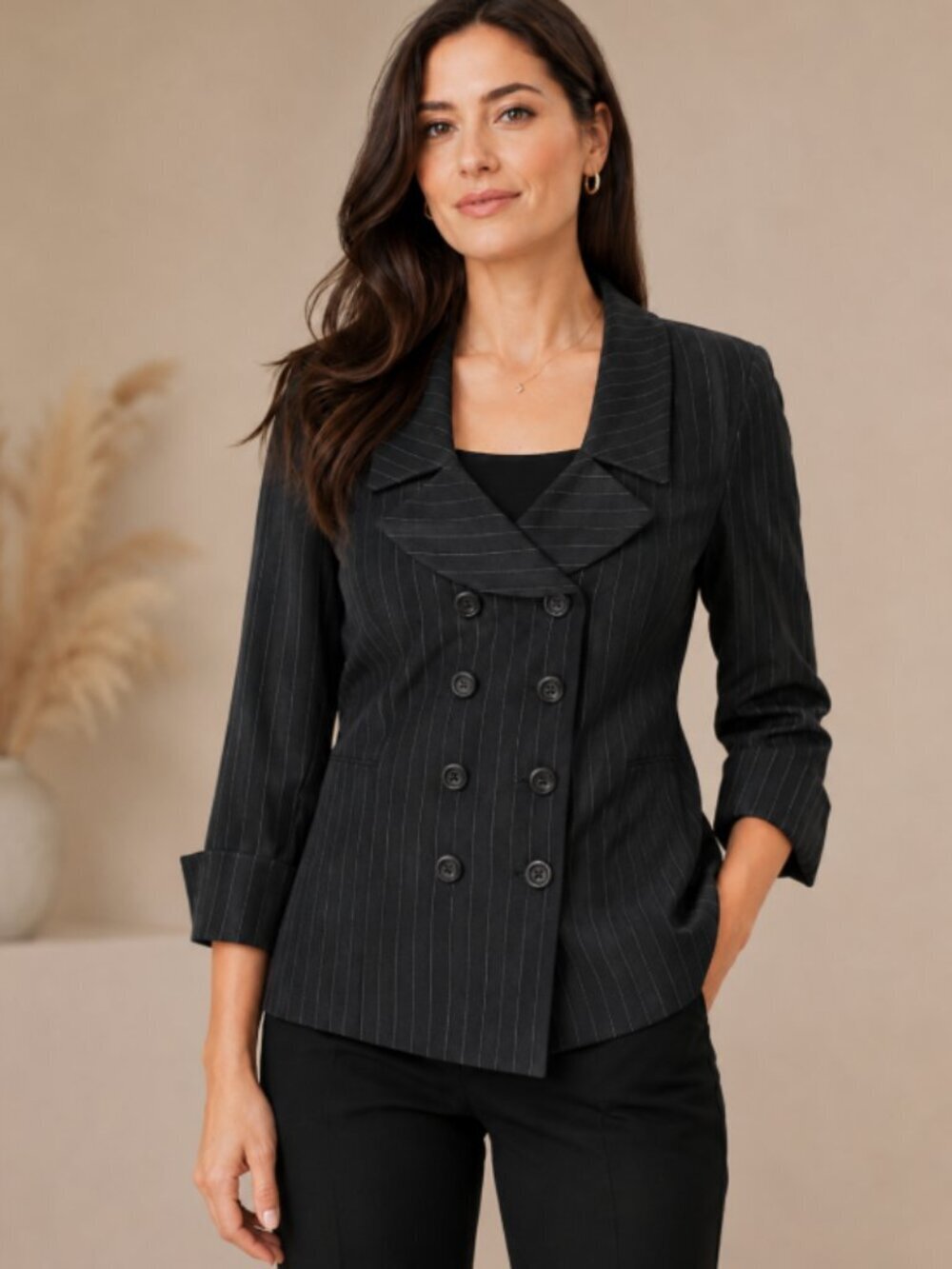 Tahari Womens Double-Breasted Wool Blend Pinstriped Preppy Size 8 Career Blazer